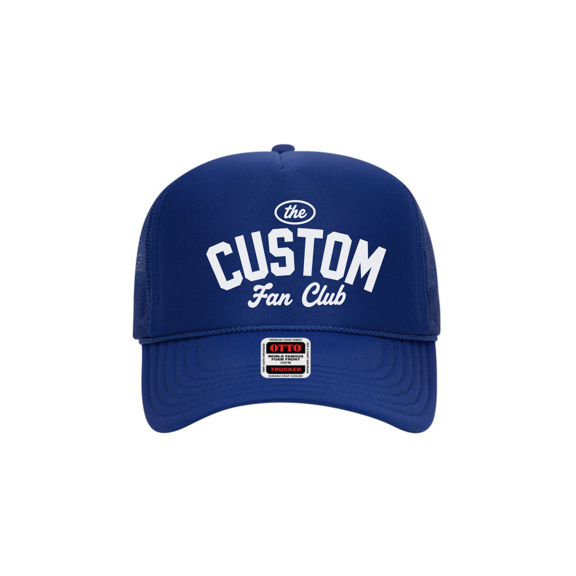 Royal blue personalized custom team mesh snapback trucker hat.