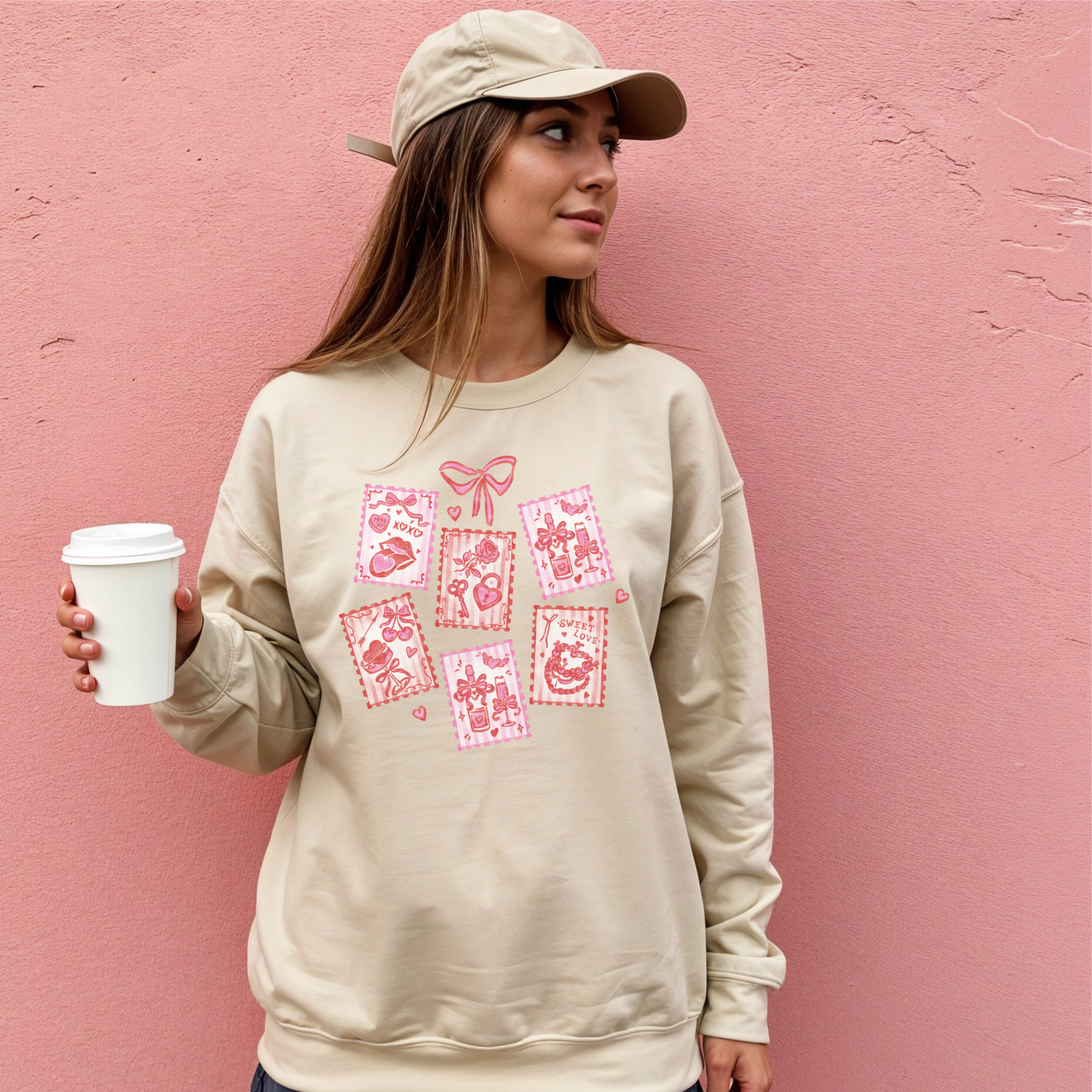 Woman wearing sand-colored Valentine stamps sweatshirt with soft pink romantic graphics.