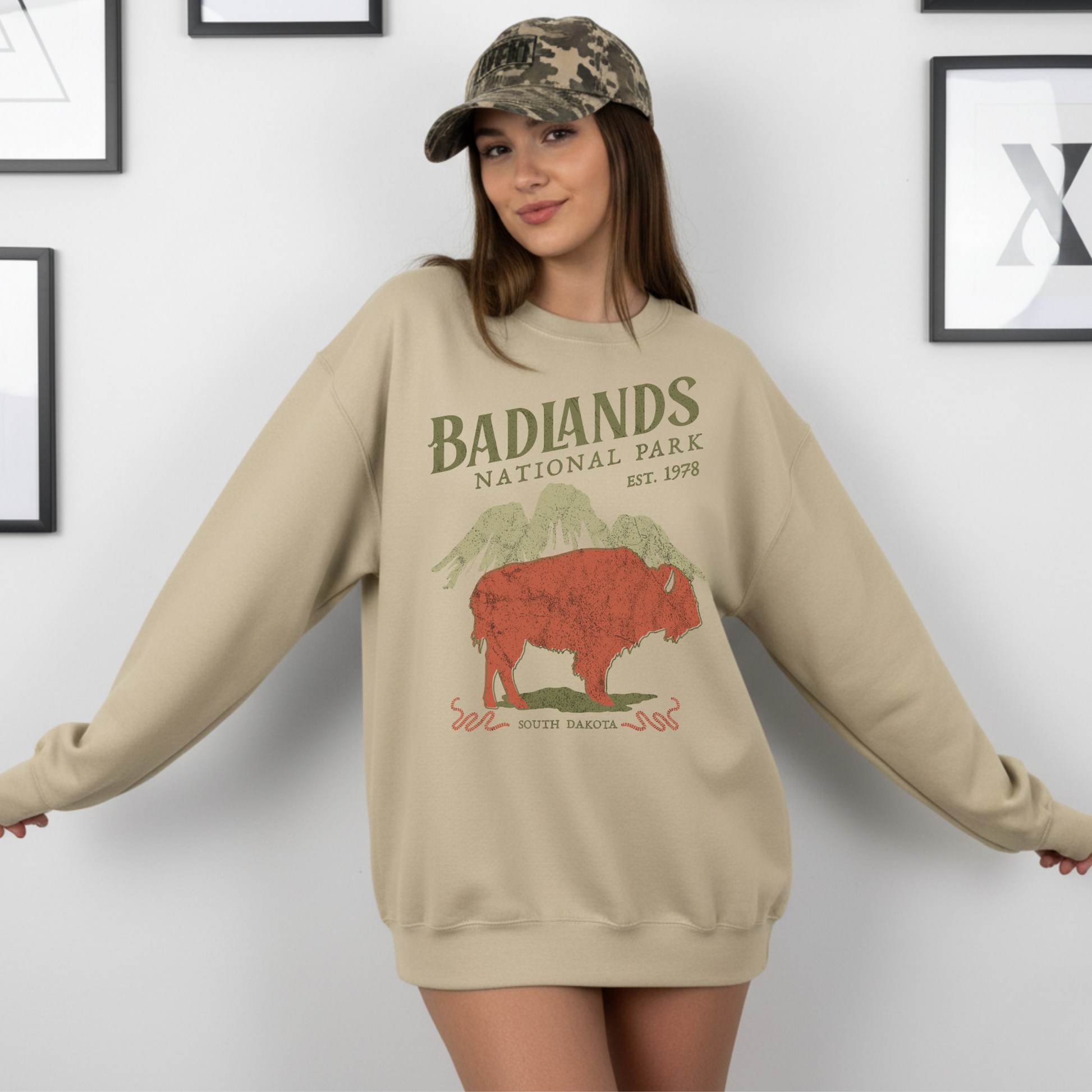 Neutral sand graphic sweatshirt styled oversized with Badlands National Park buffalo design