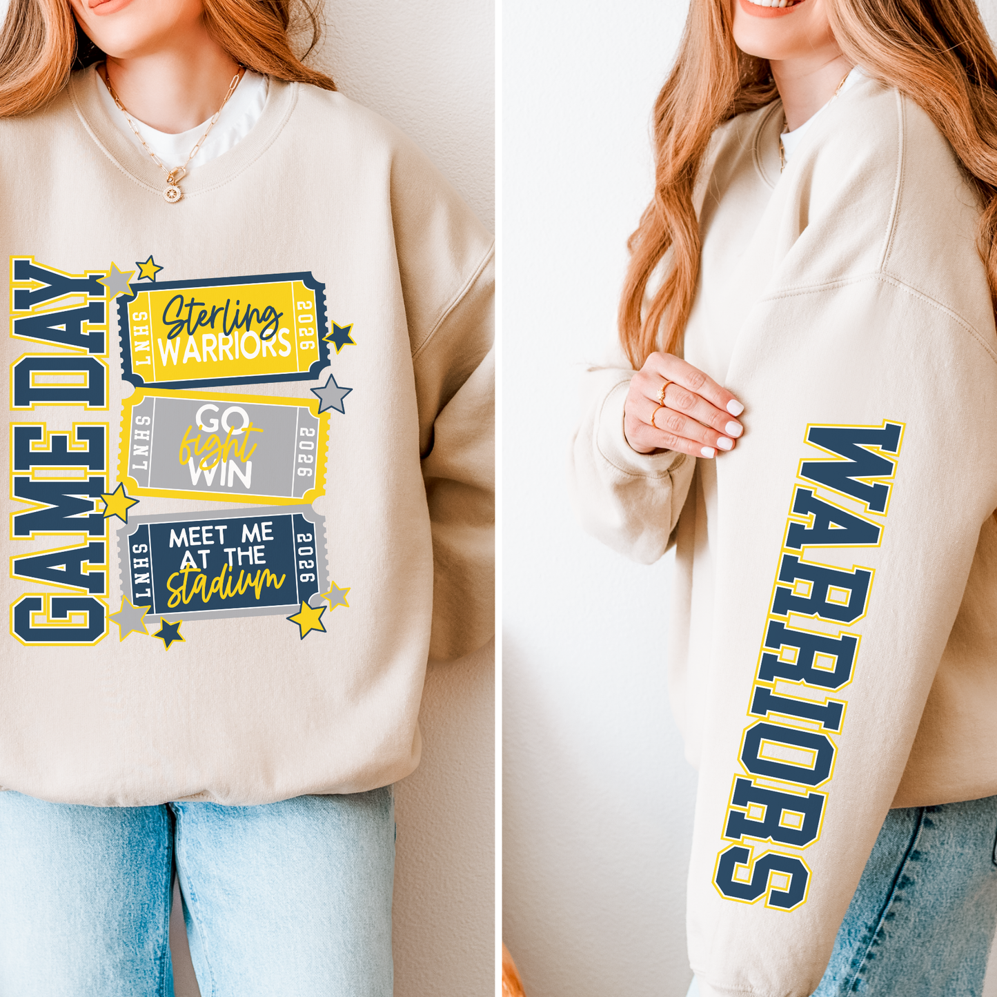 Sand Sterling Warriors game day crewneck sweatshirt with ticket style graphic and Warriors sleeve print