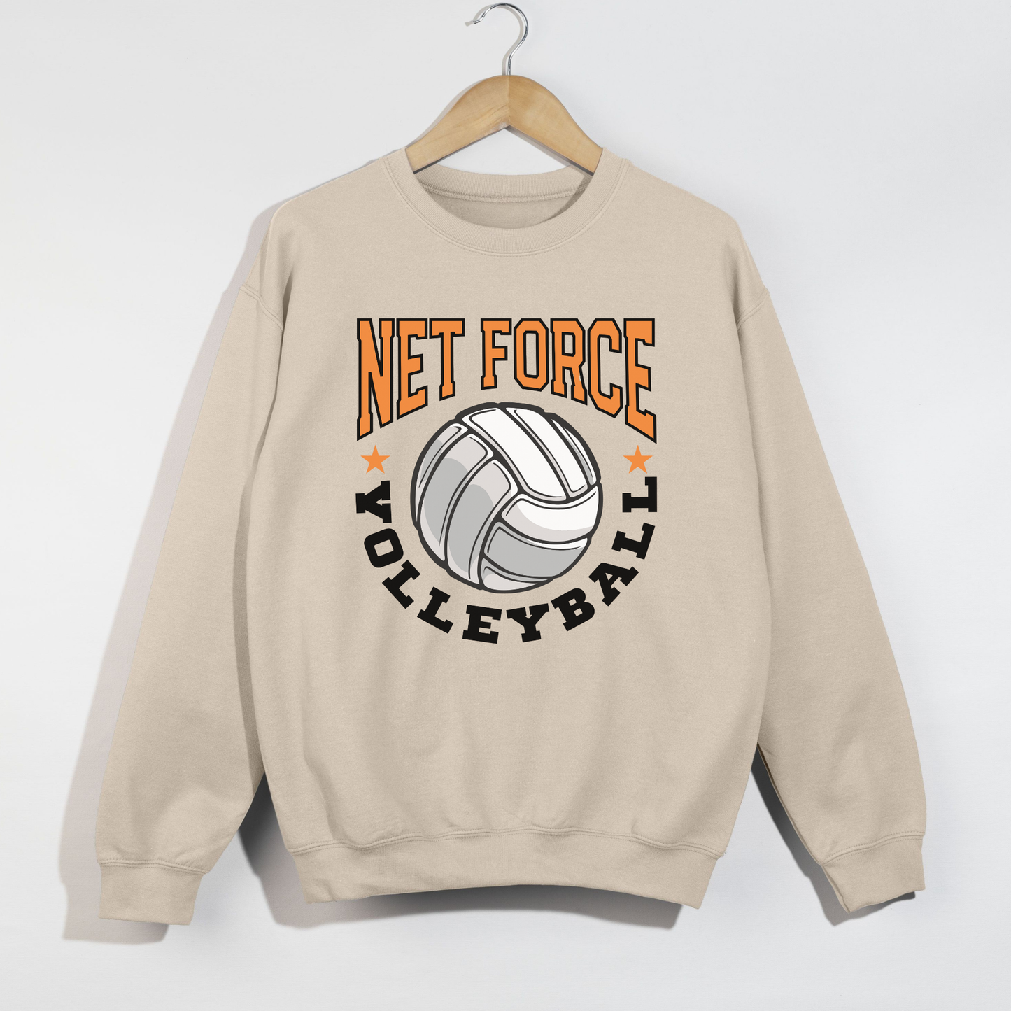 Sand colored Net Force Volleyball sweatshirt with varsity style design
