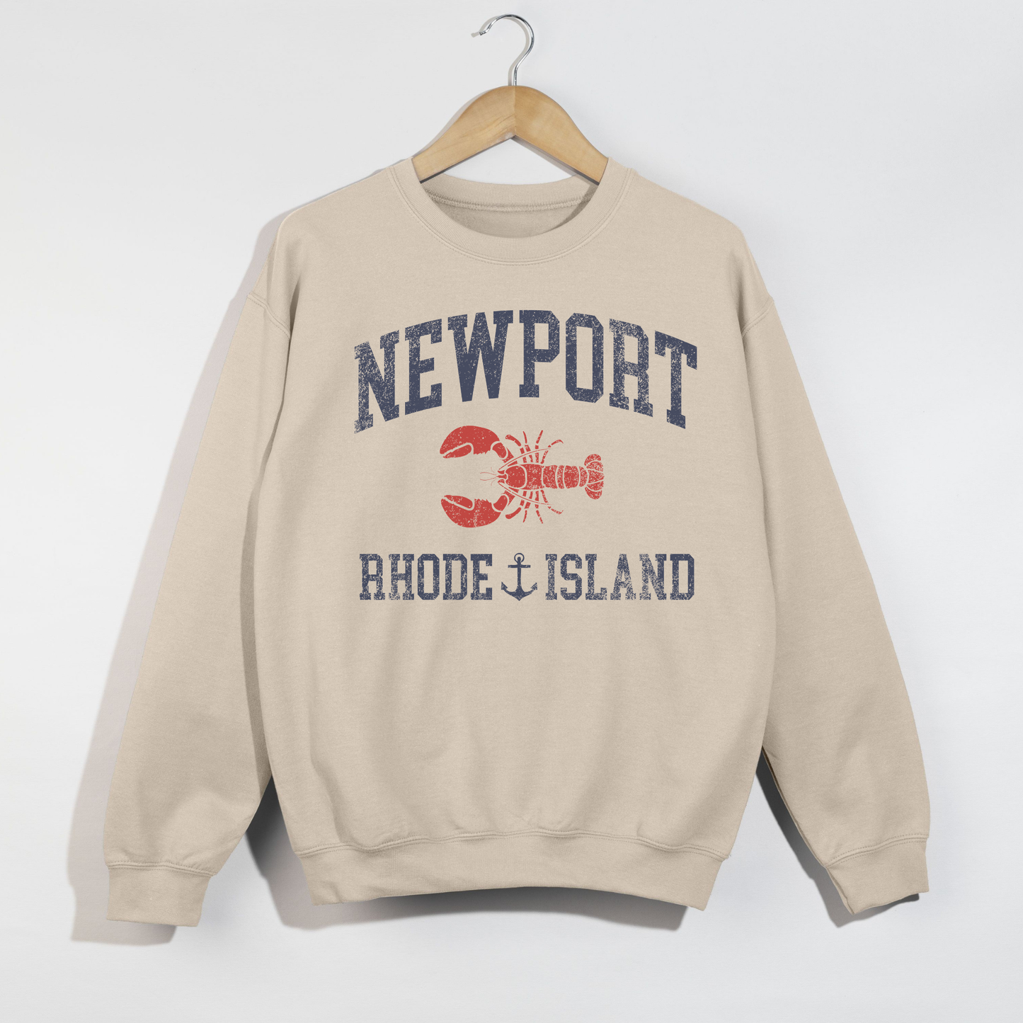 Neutral sand Newport Rhode Island sweatshirt with vintage lobster graphic coastal aesthetic clothing