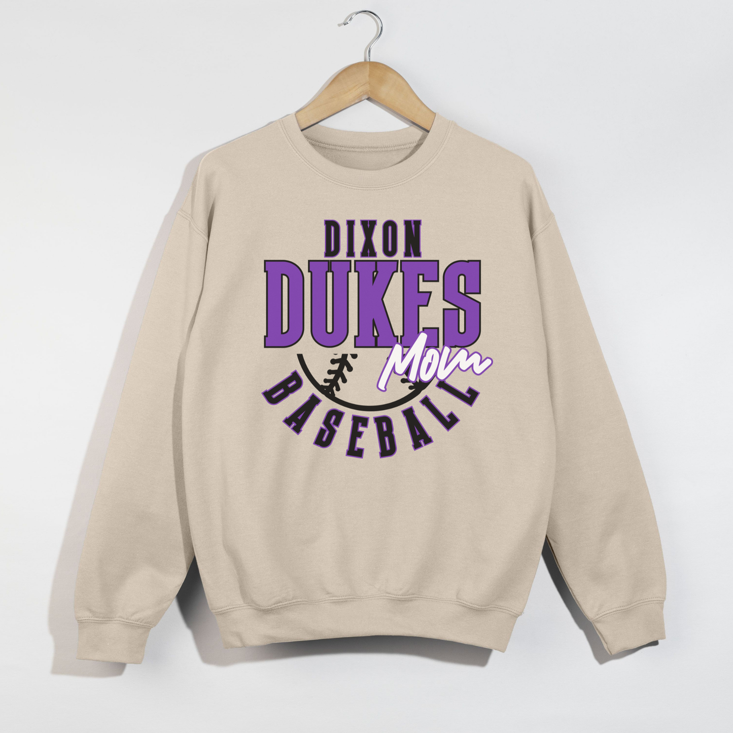 White Dixon Dukes Baseball Mom sweatshirt styled in car smiling iced coffee casual game day outfit