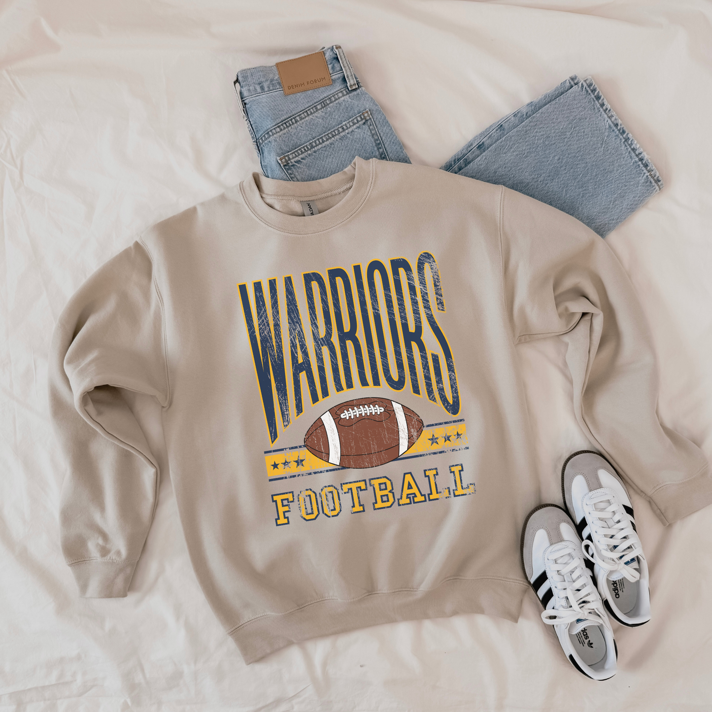 Distressed Warriors Football Crewneck | Game Day Spirit Wear