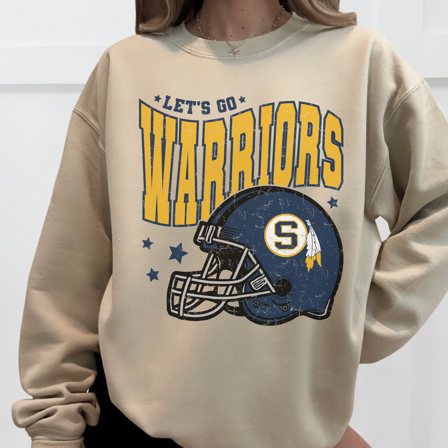 Let’s Go Warriors Football Helmet Sweatshirt | Sterling High School Game Day Crewneck