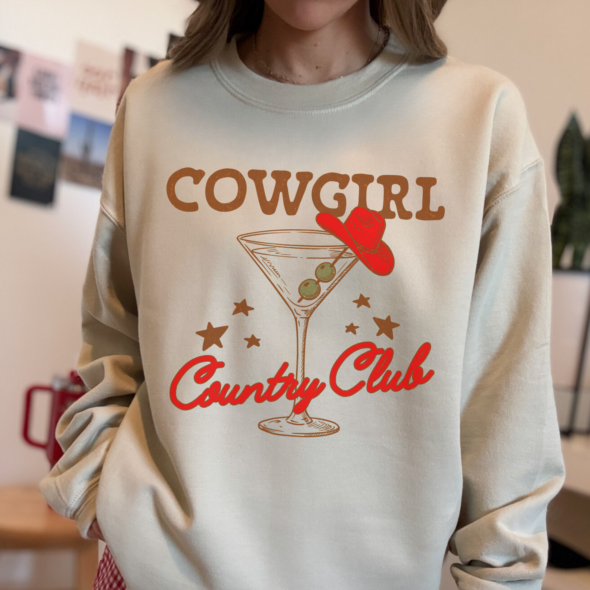cowgirl country club sweatshirt sand oversized western graphic crewneck martini cowgirl design