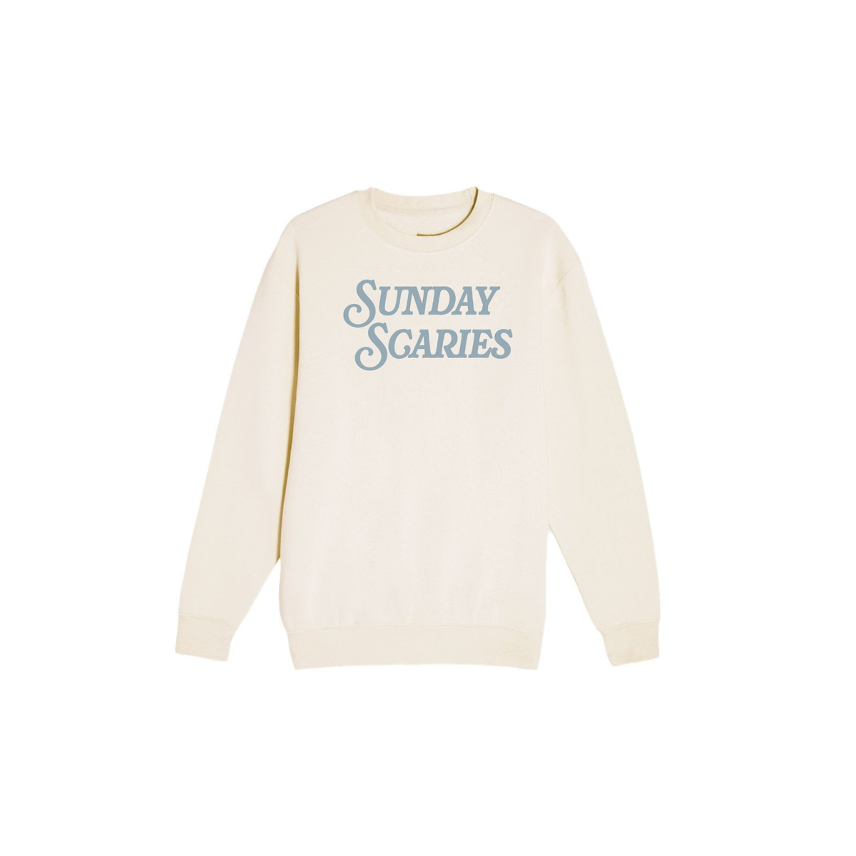 Off white Sunday Scaries crewneck sweatshirt flat lay mockup with vintage blue typography graphic