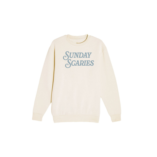Off white Sunday Scaries crewneck sweatshirt flat lay mockup with vintage blue typography graphic