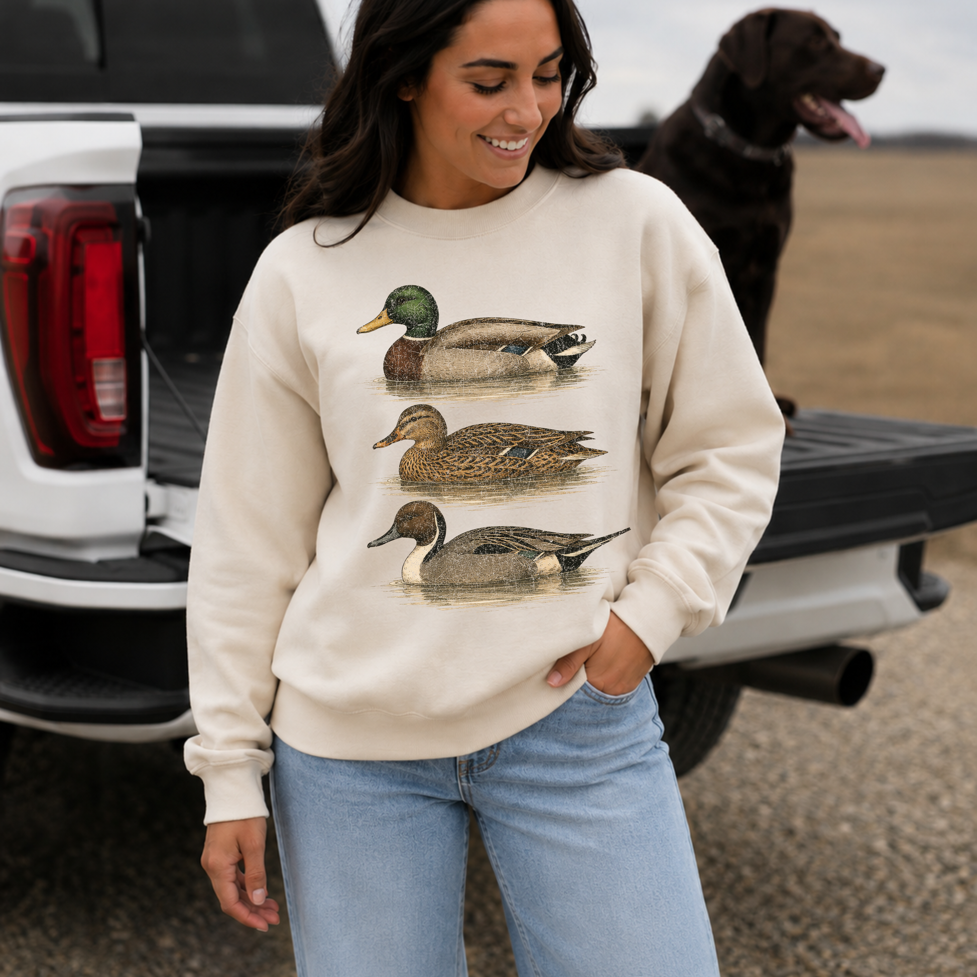 Woman wearing sand vintage mallard duck sweatshirt with jeans beside white pickup truck and chocolate Lab