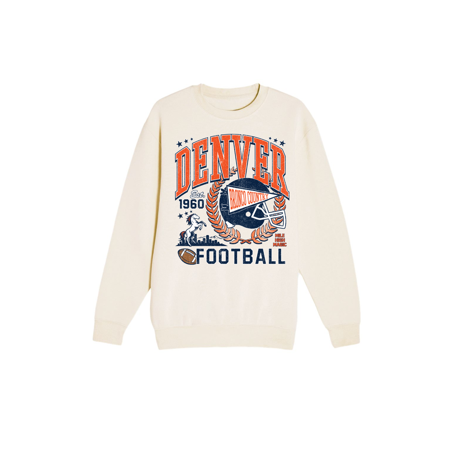 Sandshell Denver football graphic sweatshirt with vintage orange and navy Mile High game day design