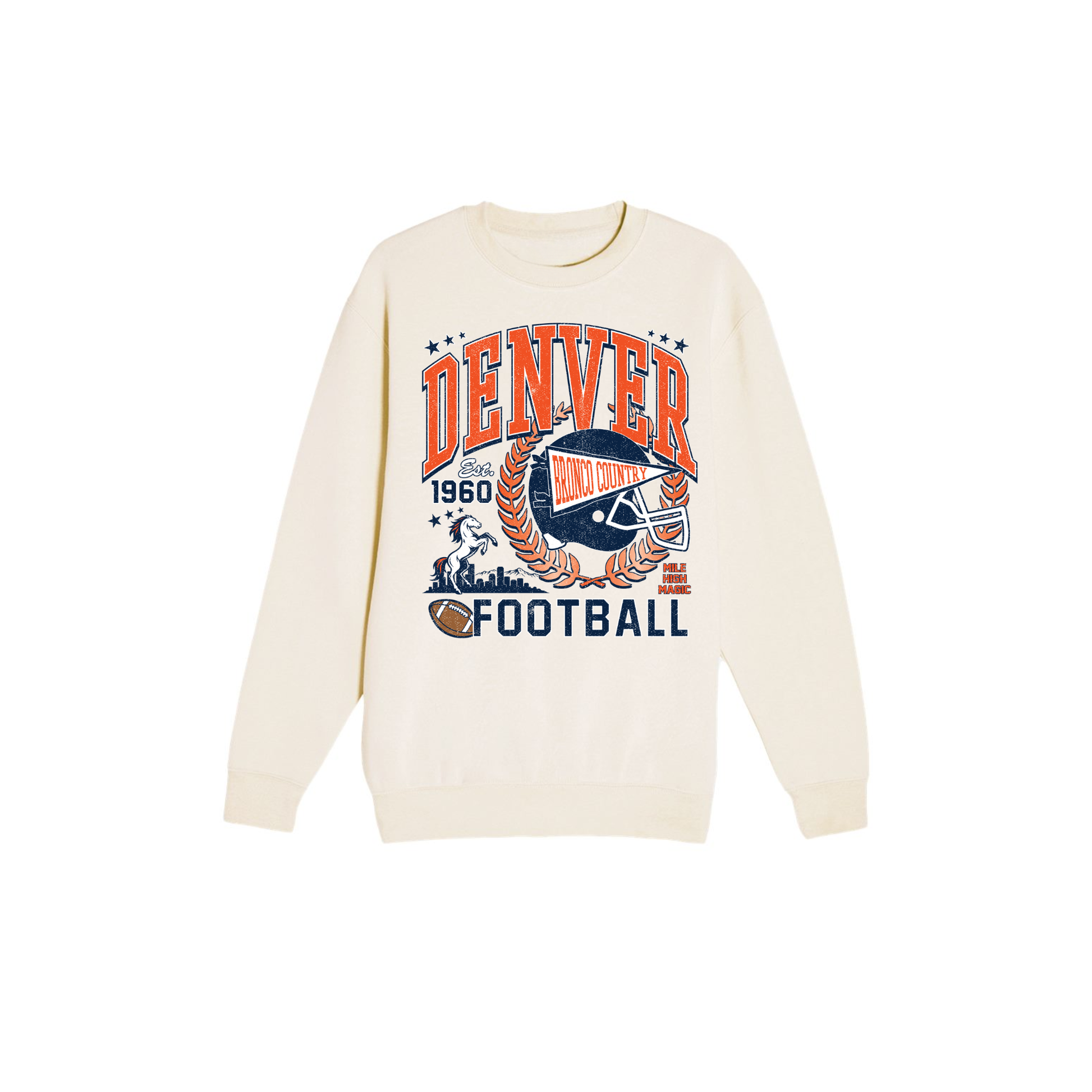 Sandshell Denver football graphic sweatshirt with vintage orange and navy Mile High game day design