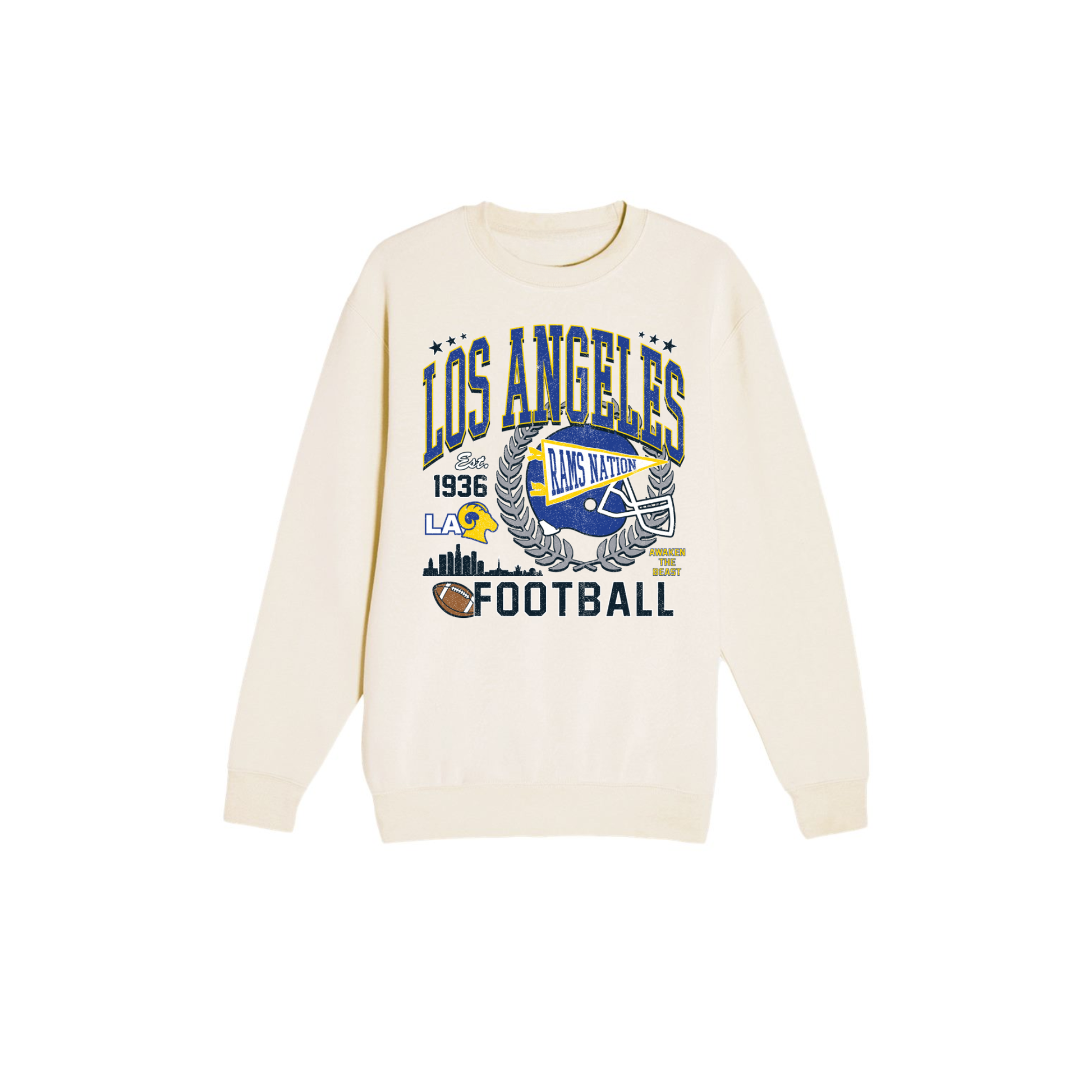 Cream Los Angeles football sweatshirt with vintage blue and gold Rams Nation helmet and game day graphic