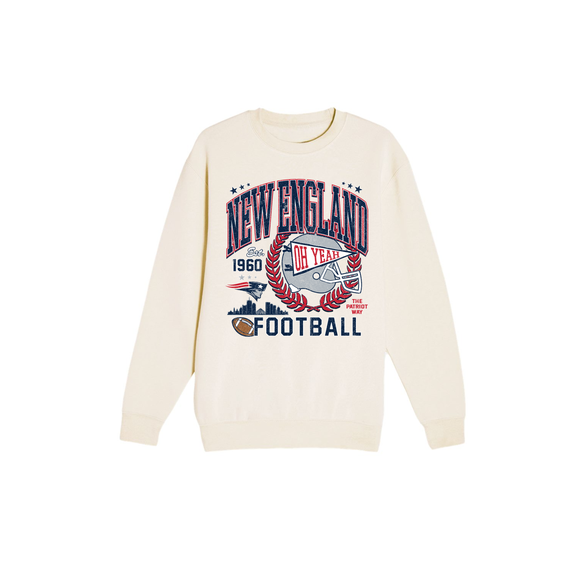 Cream New England football sweatshirt with vintage navy and red helmet, pennant and game day graphic