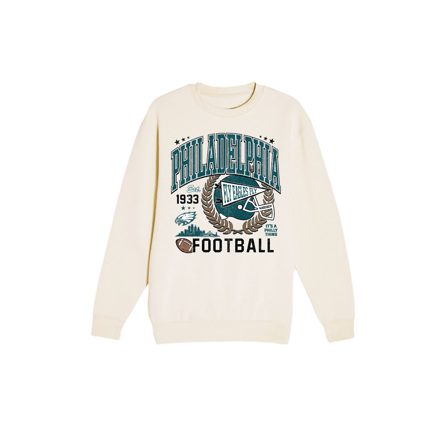 Cream Philadelphia football sweatshirt with vintage green football helmet and collegiate game day graphic