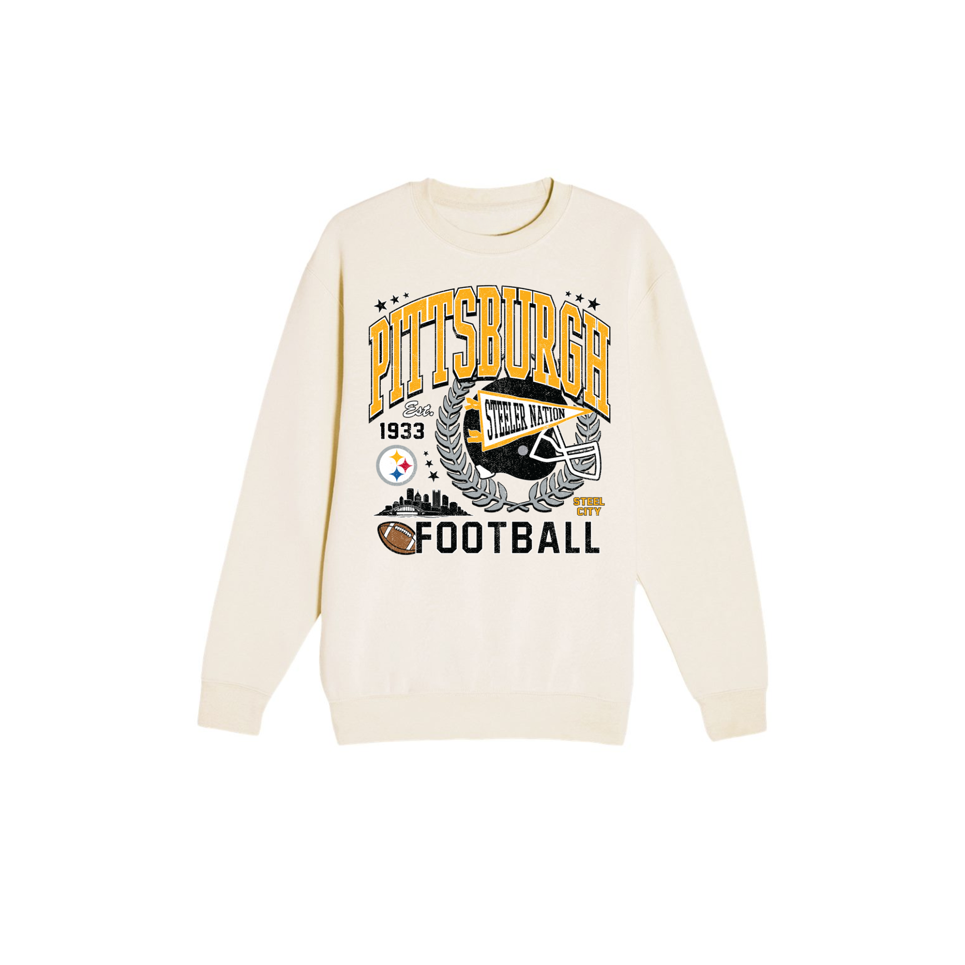 Pittsburgh Football Steel City game day crewneck sweatshirt in cream with black and gold vintage graphic
