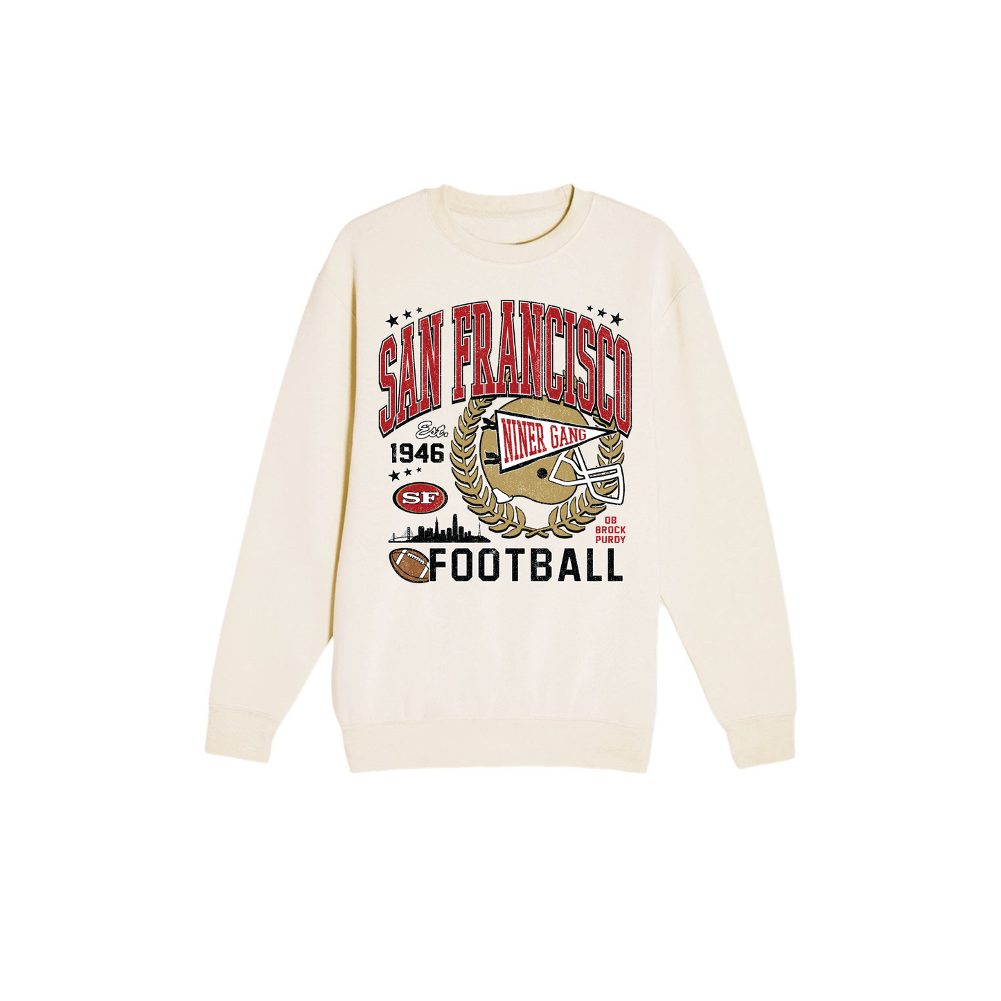 San Francisco football sweatshirt in cream with vintage red and gold football helmet graphic
