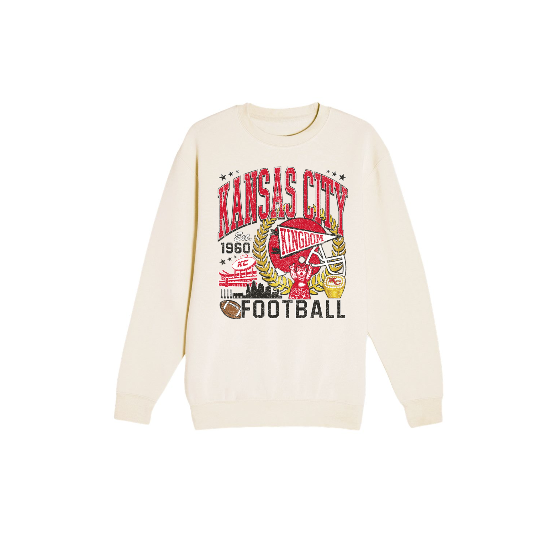 Kansas City vintage football graphic crewneck sweatshirt in cream with red gold and black retro design