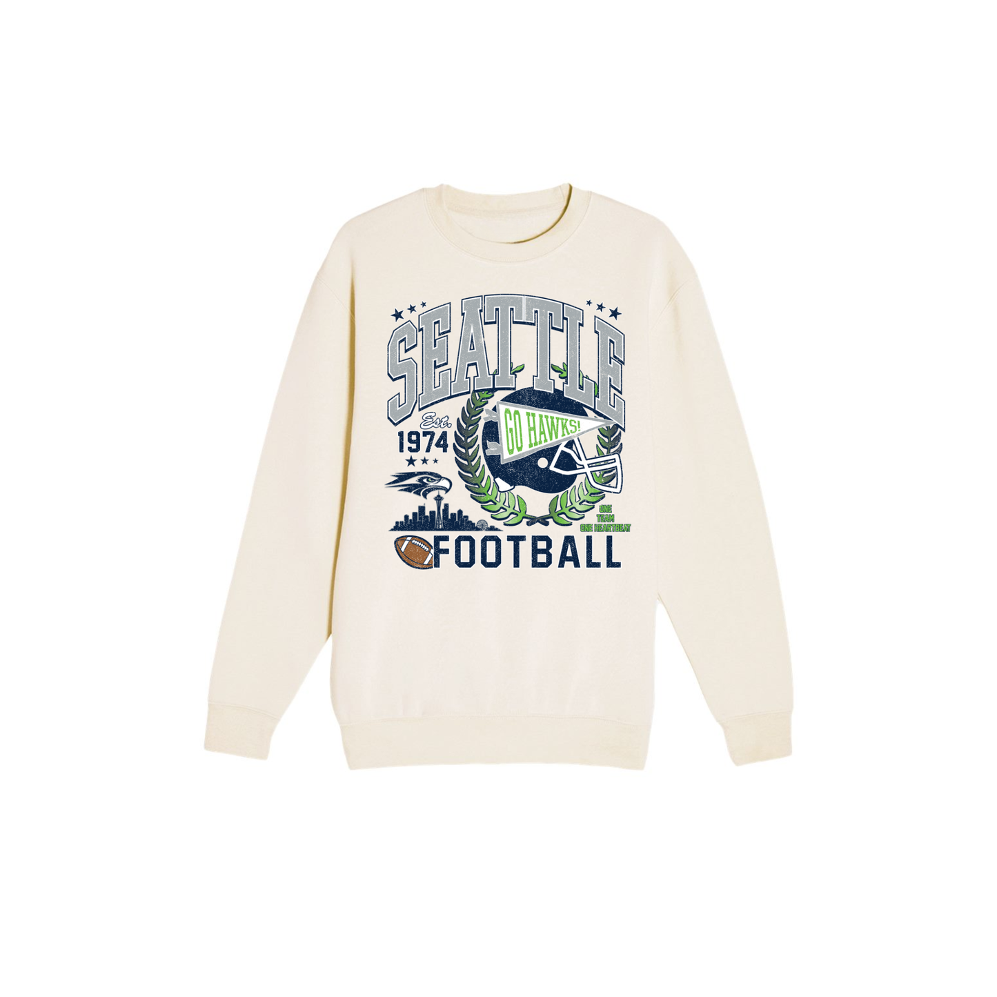 Cream Seattle football graphic crewneck sweatshirt with vintage navy gray and green game day design