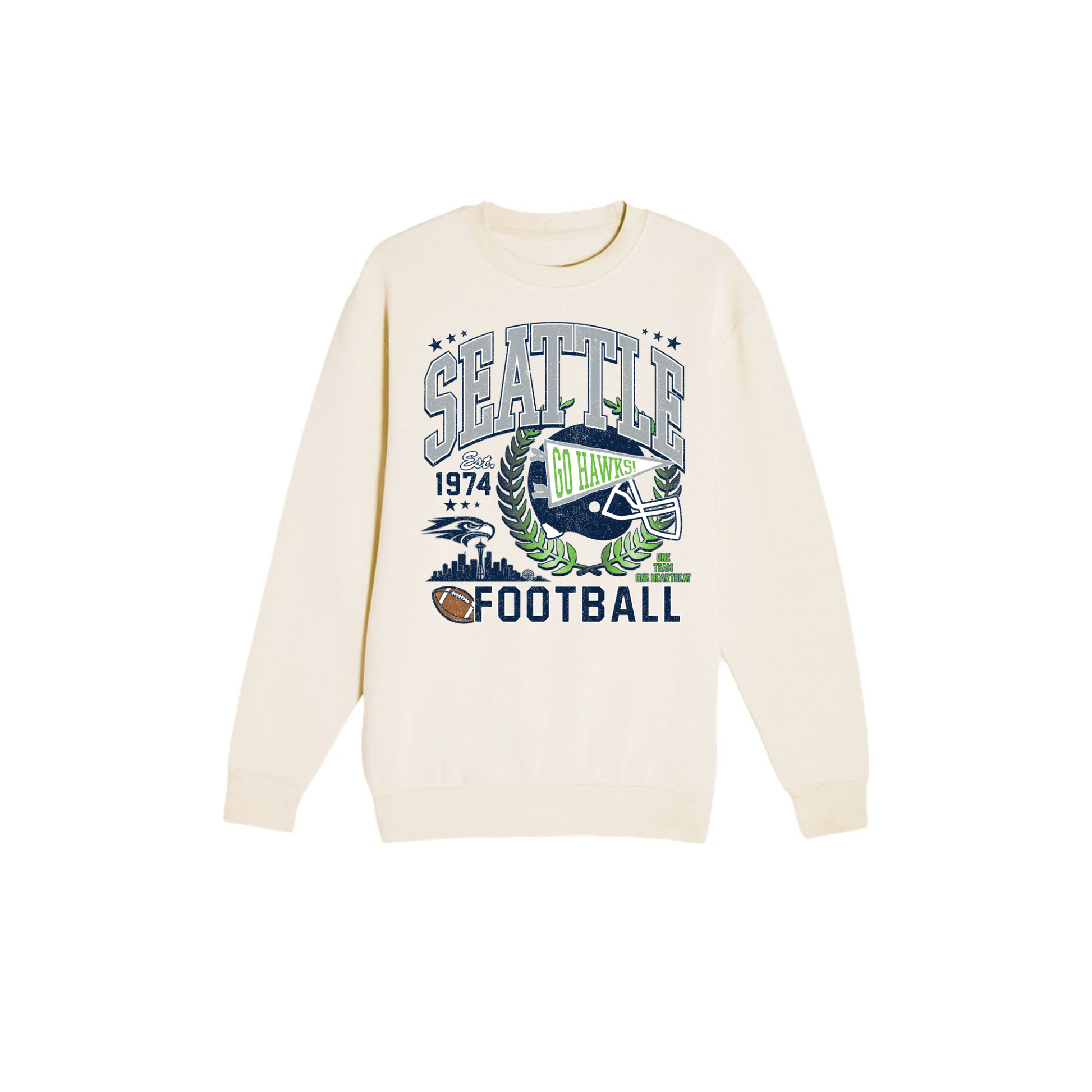 Cream Seattle football graphic crewneck sweatshirt with vintage navy gray and green game day design