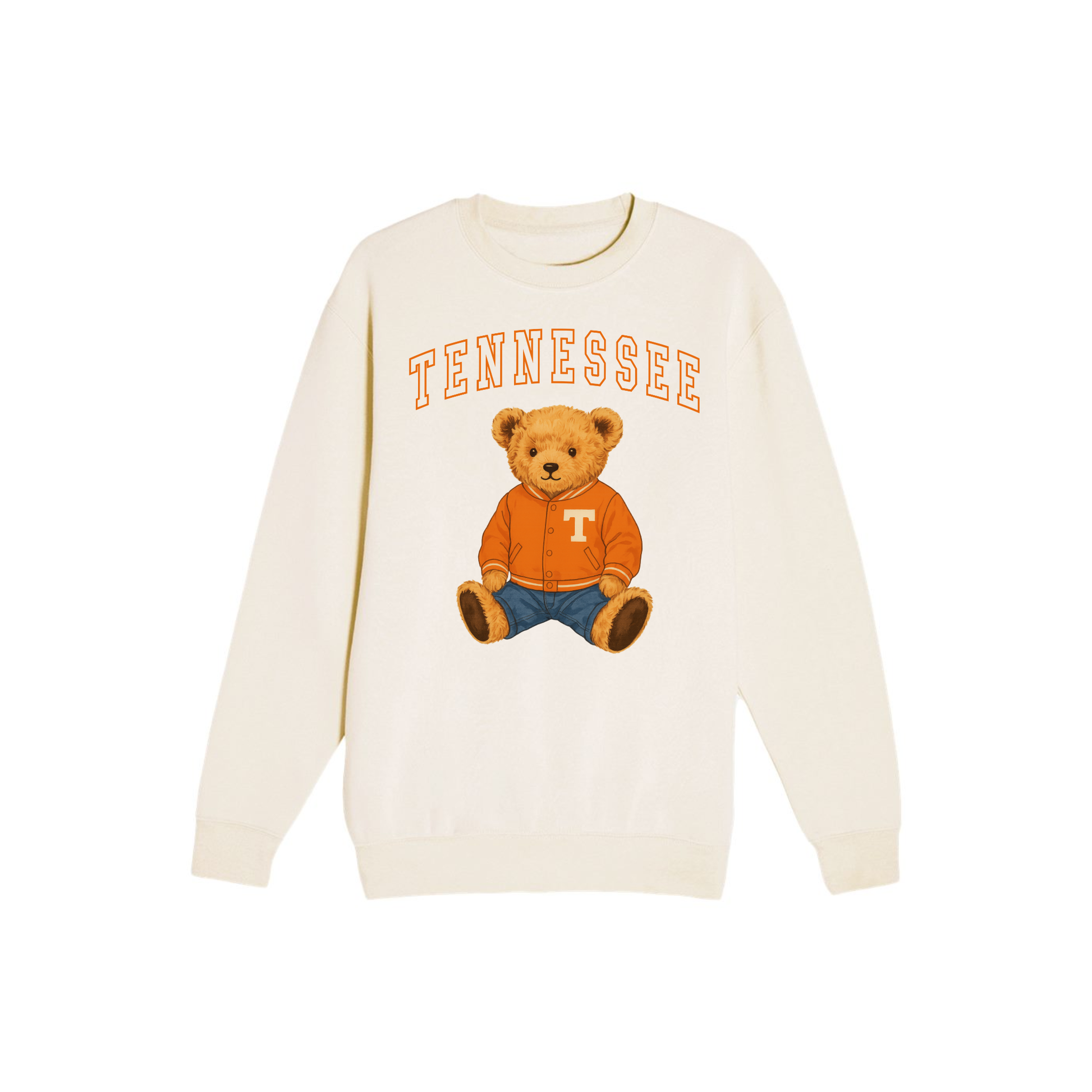 Sandshell Lane Seven crewneck sweatshirt featuring an updated Tennessee varsity arch and adorable teddy bear game day graphic.