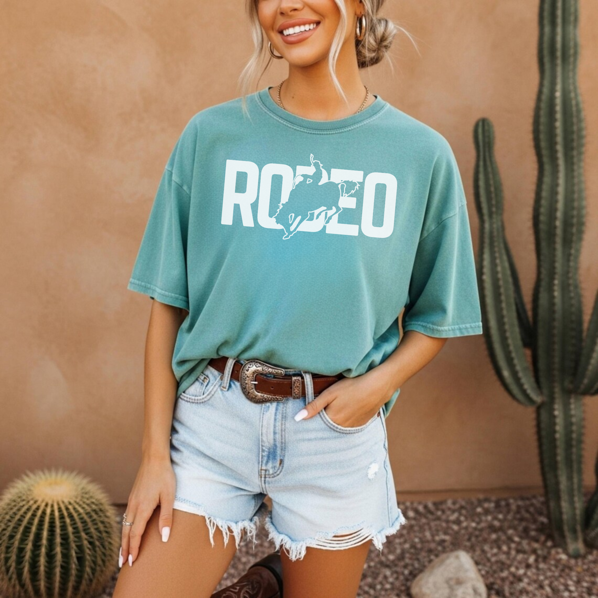 Seafoam green rodeo graphic tee with relaxed western cowgirl style