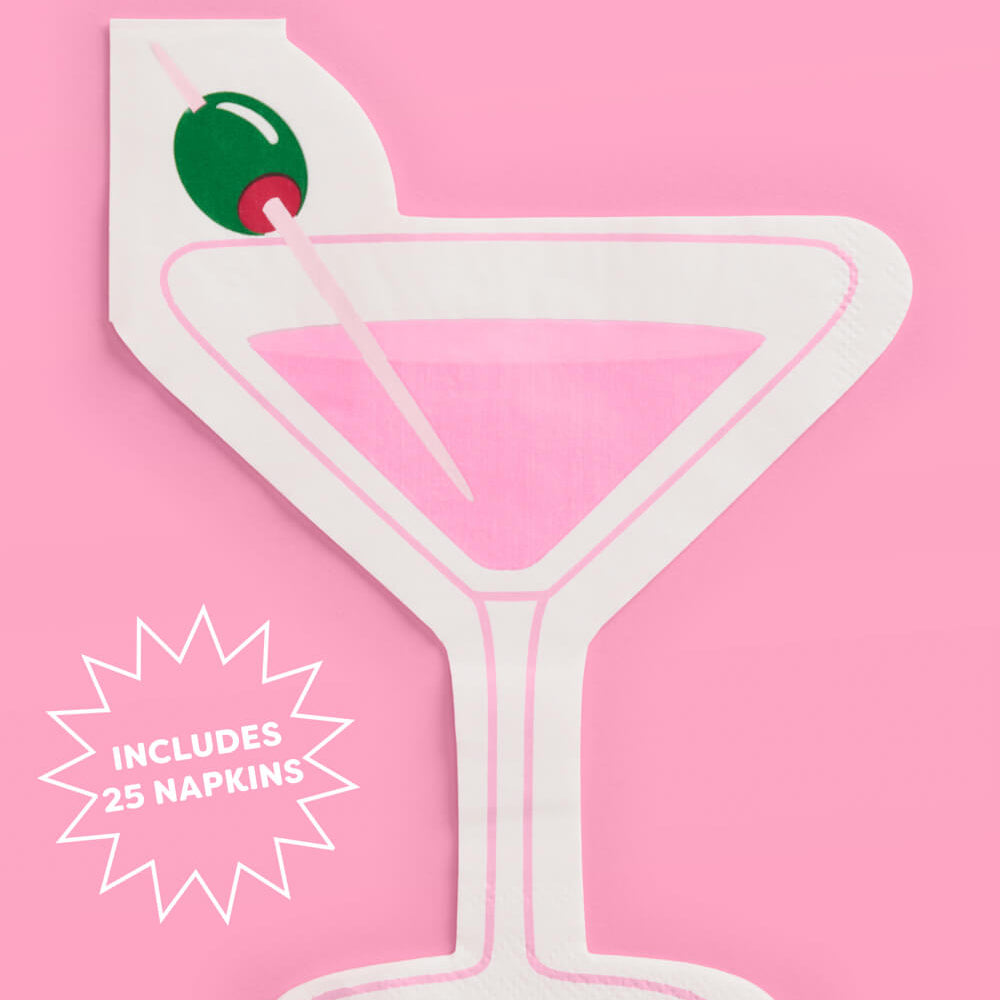 White napkin shaped like a martini glass with a cherry on a pink background