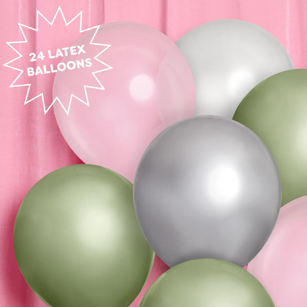 Colorful latex balloons on a pink background with text '24 Latex Balloons'.