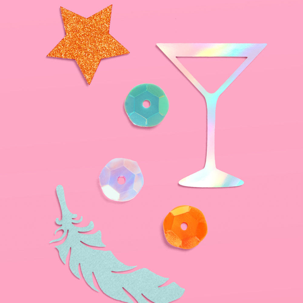 Showgirl themed confetti mix with glitter stars, martini glasses and sequins