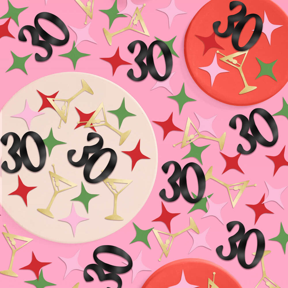 Decorative paper with '30' and party-themed designs on a pink background