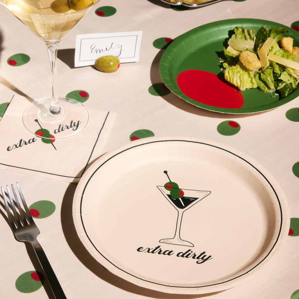 Extra Dirty martini themed paper plate set with 9 inch dinner plates and 7 inch olive accent plates for 30th birthday party