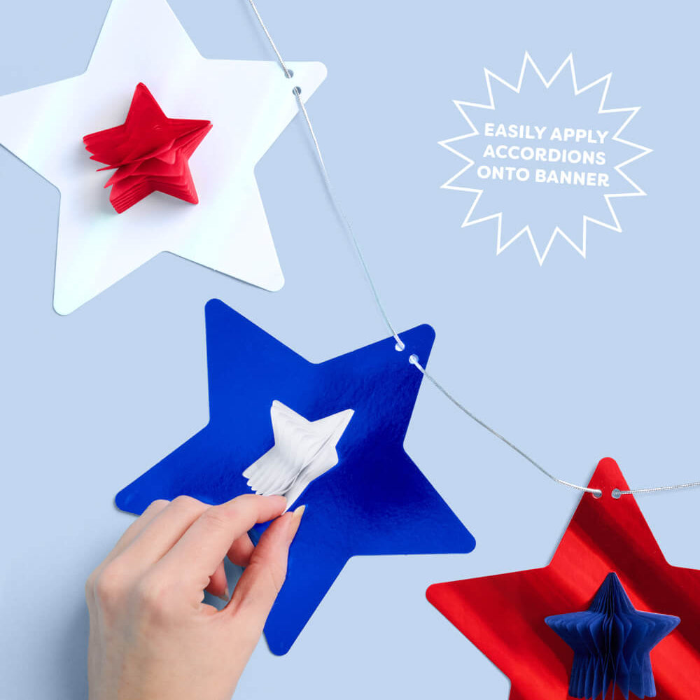Red, white, and blue star-shaped decorations on a blue background with text overlay.