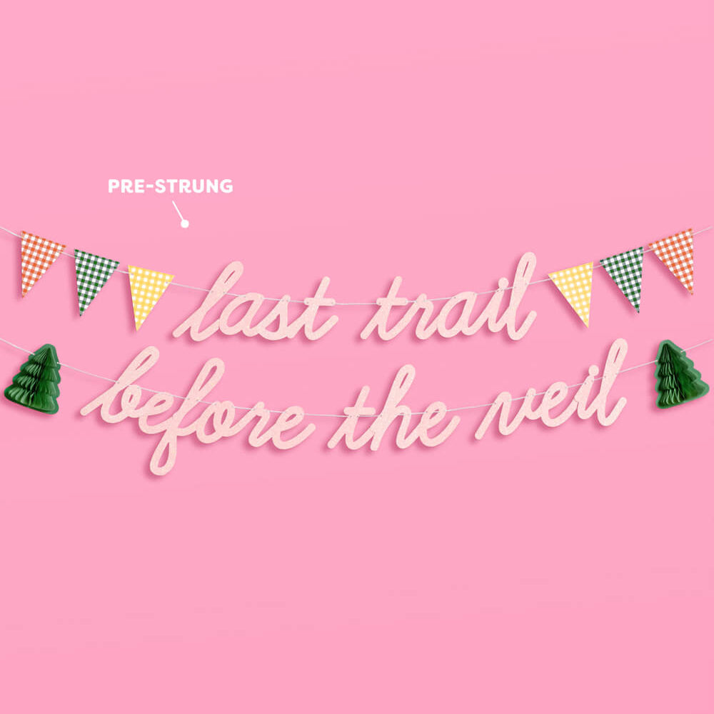 Decorative string with flags and text 'last trail before the veil' on a pink background