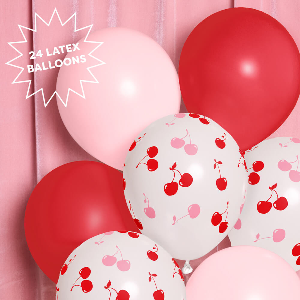 Balloons with cherry pattern and text '24 Latex Balloons' on a pink background