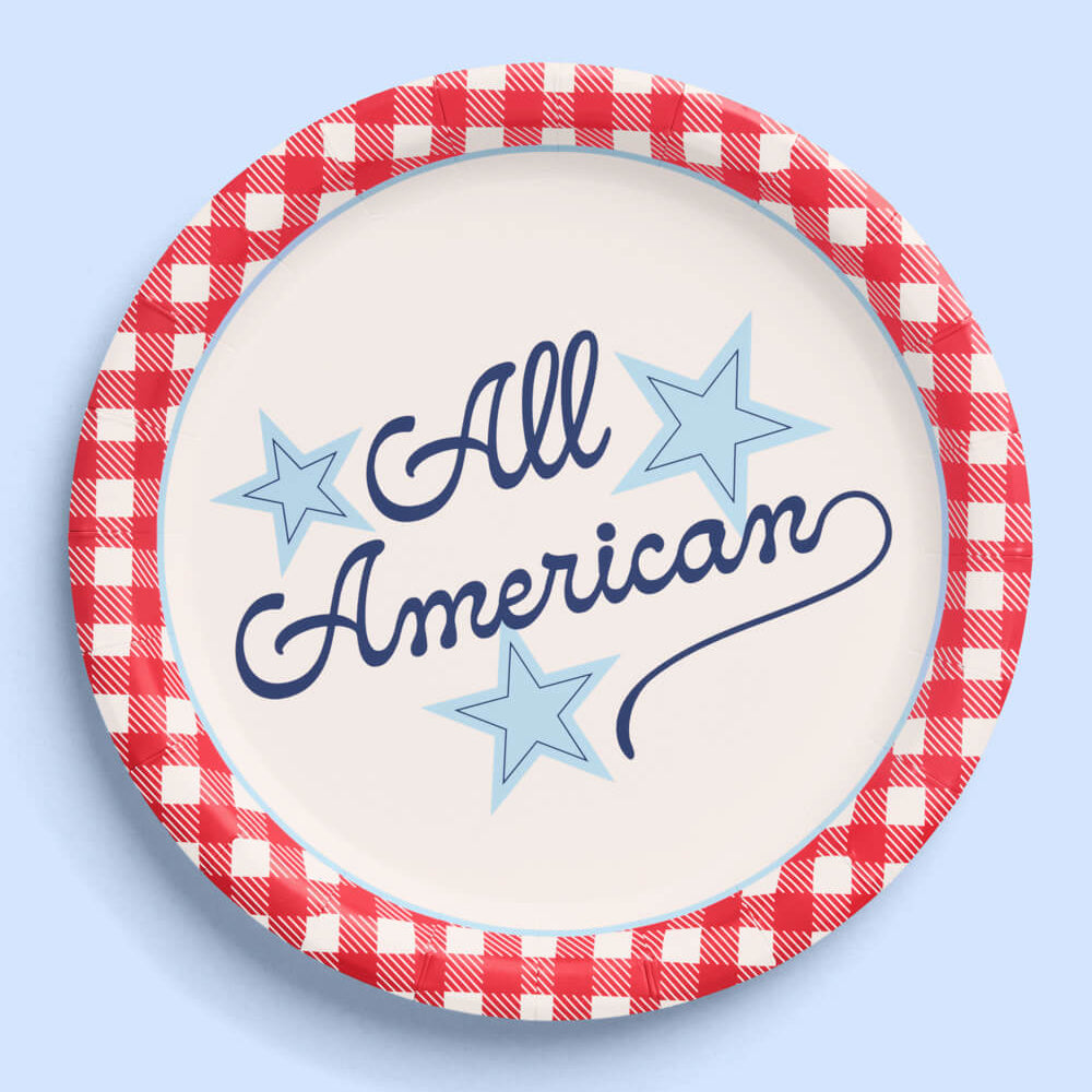 Decorative plate with 'All American' text and stars on a red checkered border against a light blue background.
