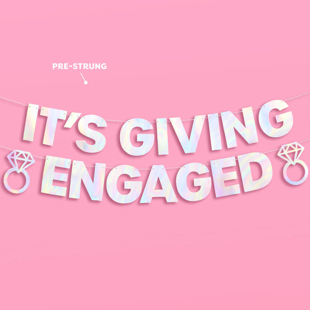 Decorative banner with 'It's Giving Engaged' text on a pink background