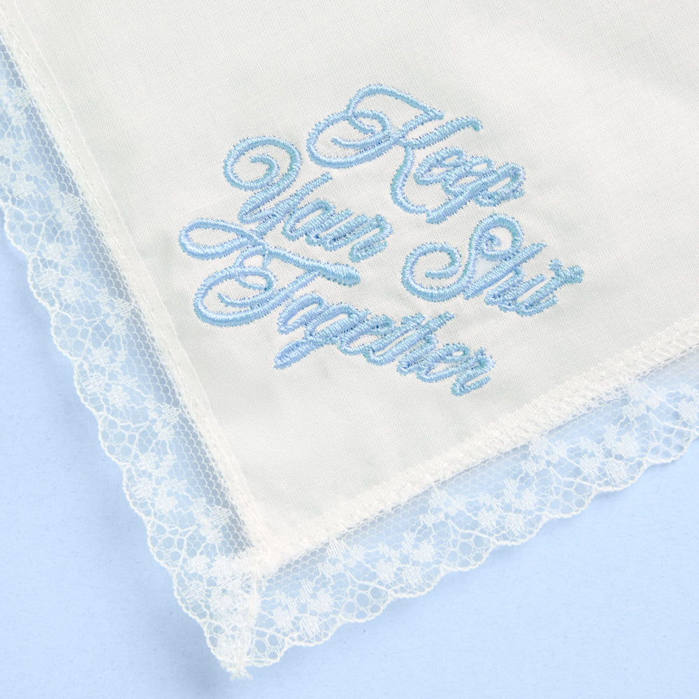 White lace wedding handkerchief with keep your shit together embroidery