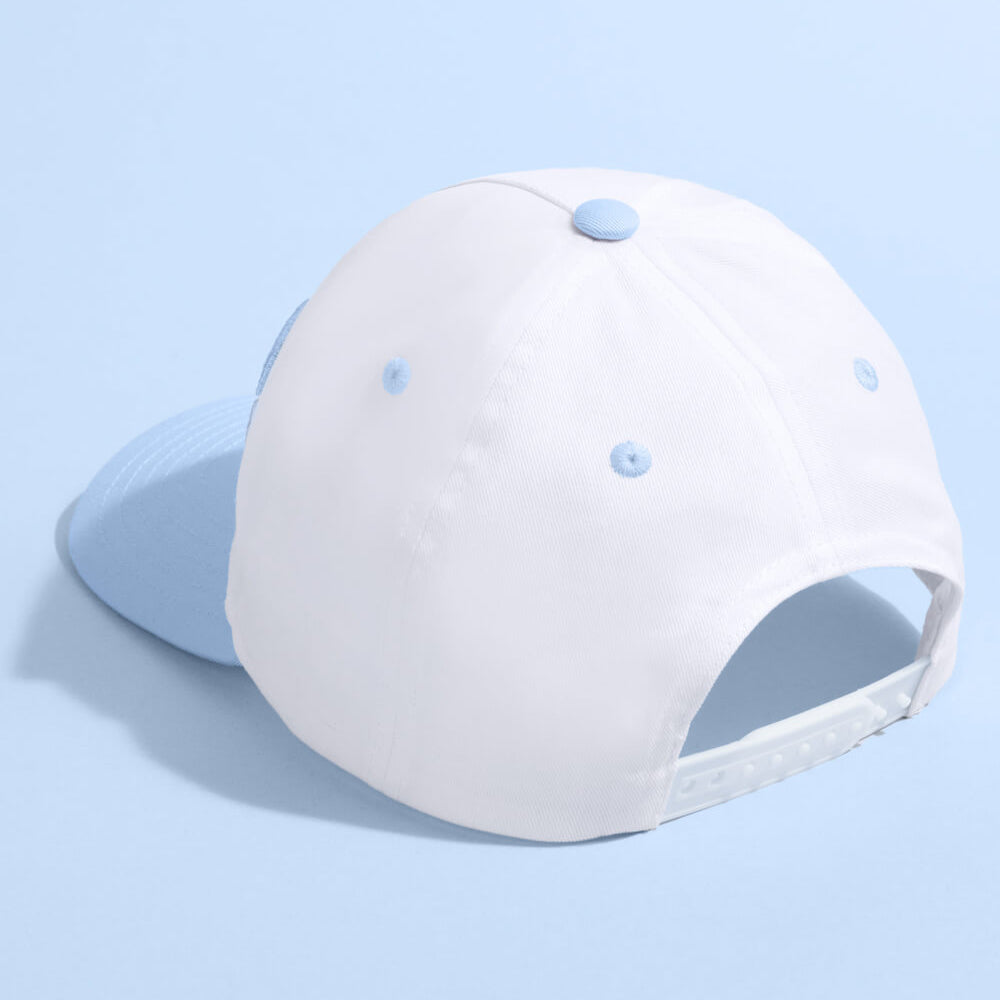 White baseball cap with blue accents on a light blue background