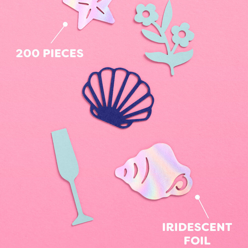 Decorative cutouts of a star, shell, flower, and champagne glass on a pink background with text indicating quantity and foil type.