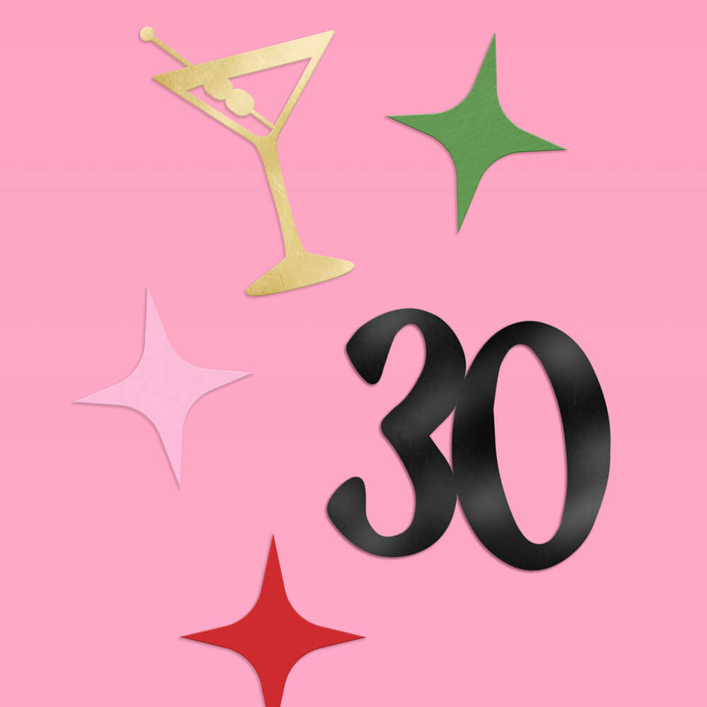 Number 30 with star shapes on a pink background