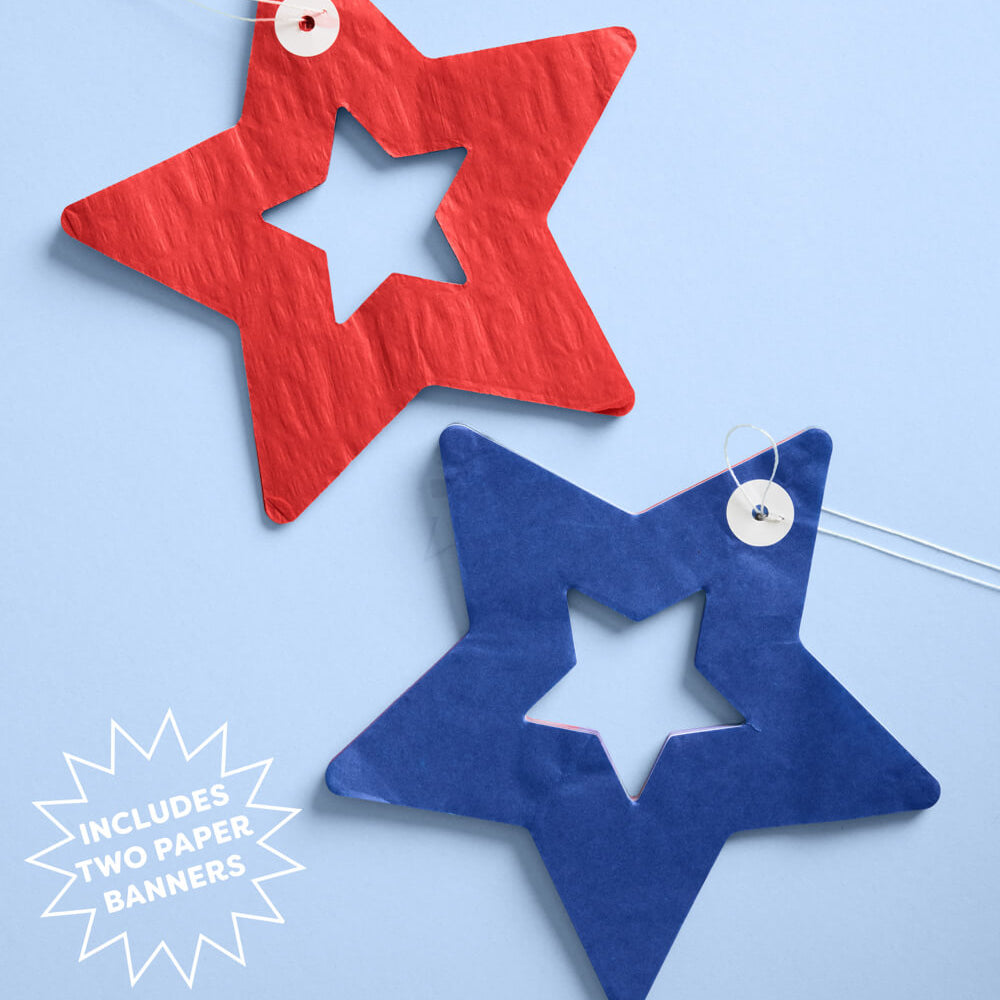 Two star-shaped paper banners, one red and one blue, on a light blue background.