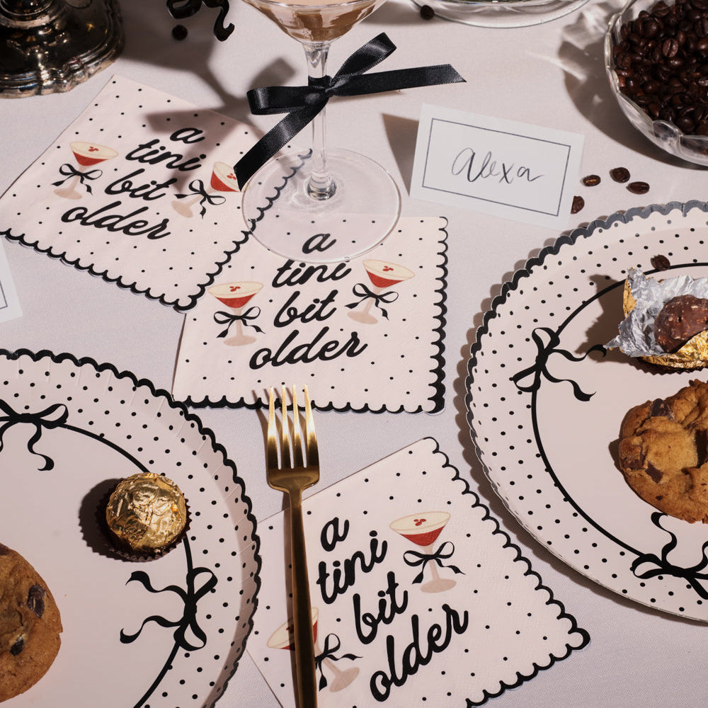White 3 ply cocktail napkin with espresso martini glasses and black bow print for 30th birthday