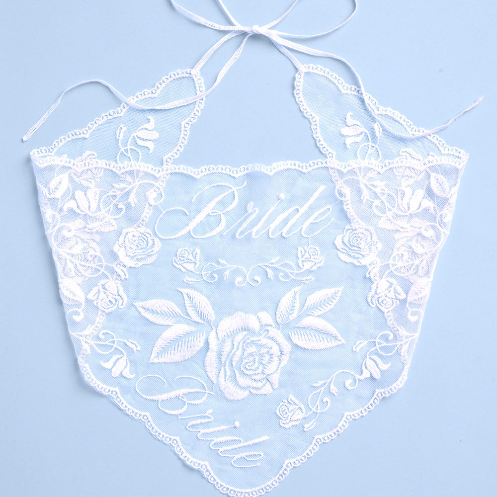Lace head scarf with 'Bride' embroidery on a light blue background