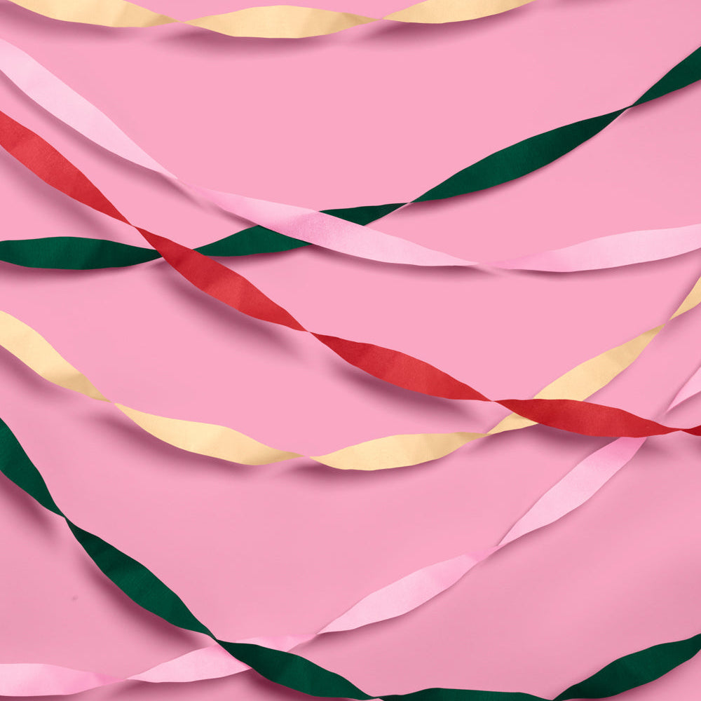 Camp Bride colorful crepe paper streamers in red, yellow, green and pink