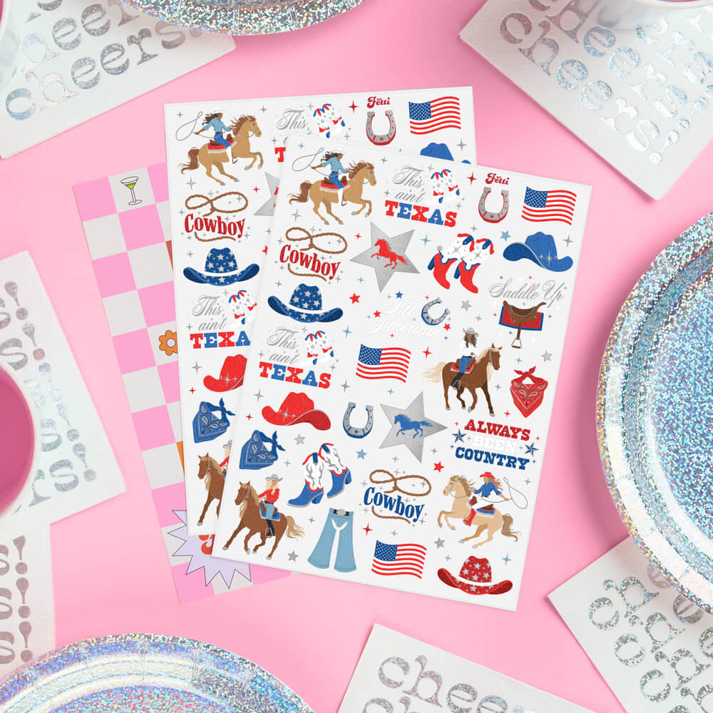 Sheet of cowboy-themed stickers on a pink surface with decorative plates and cups.