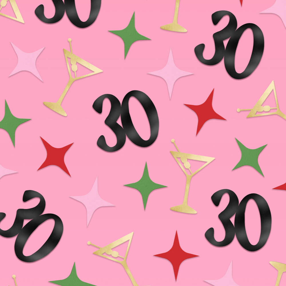 Pink background with '30' numbers and party-themed shapes on a pink background