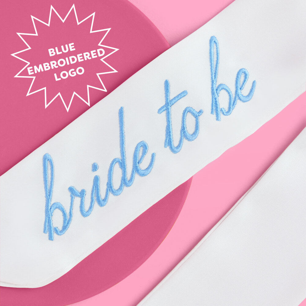 Sash with 'bride to be' text on a pink and white background