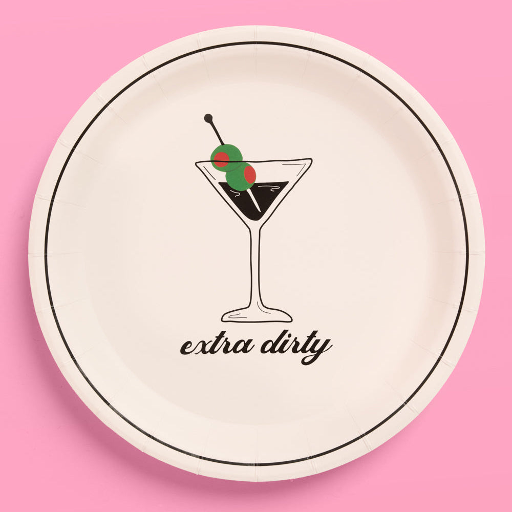 Cream 9 inch paper plate with martini glass design and extra dirty script for Dirty 30 birthday