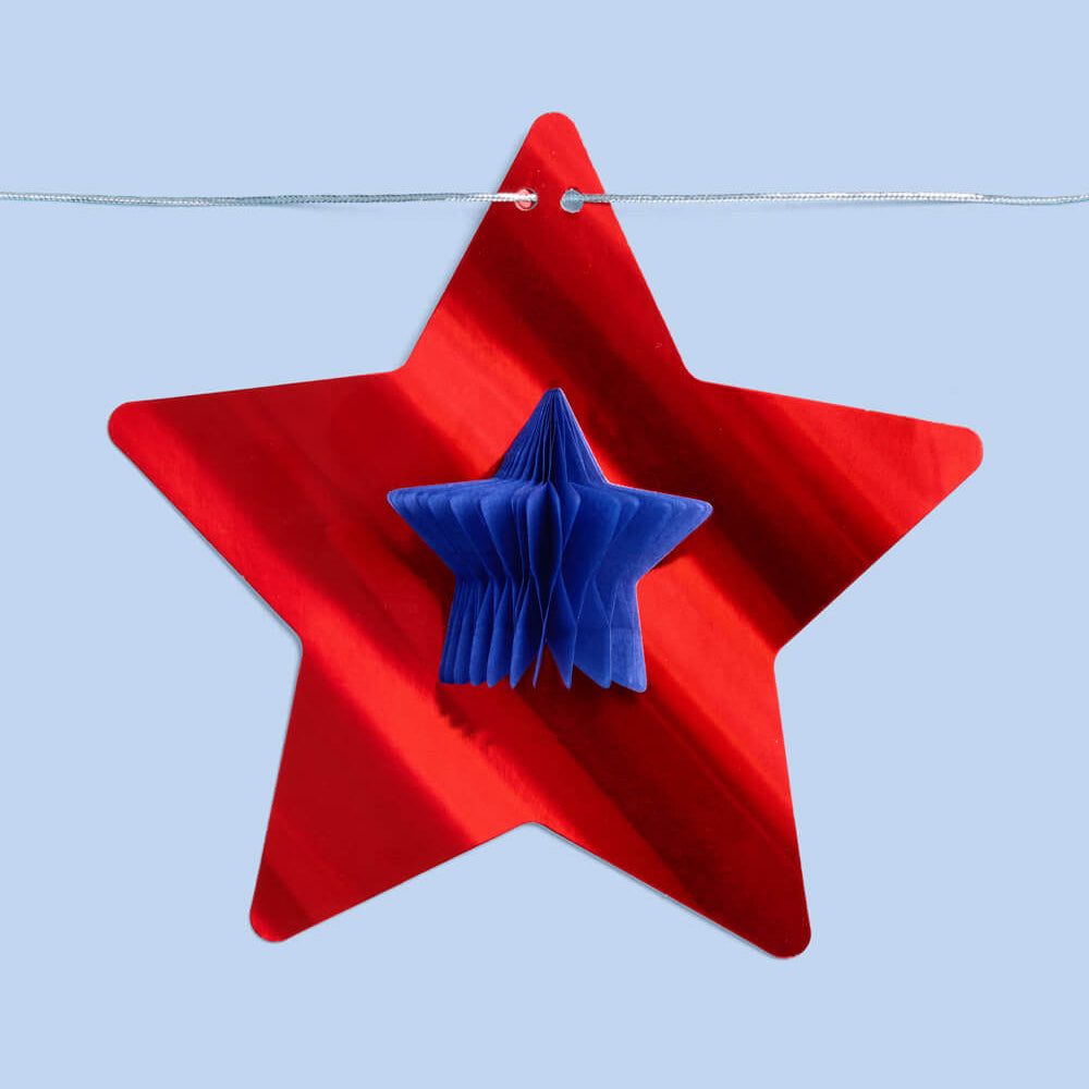 Red star-shaped object with a blue center against a light blue background