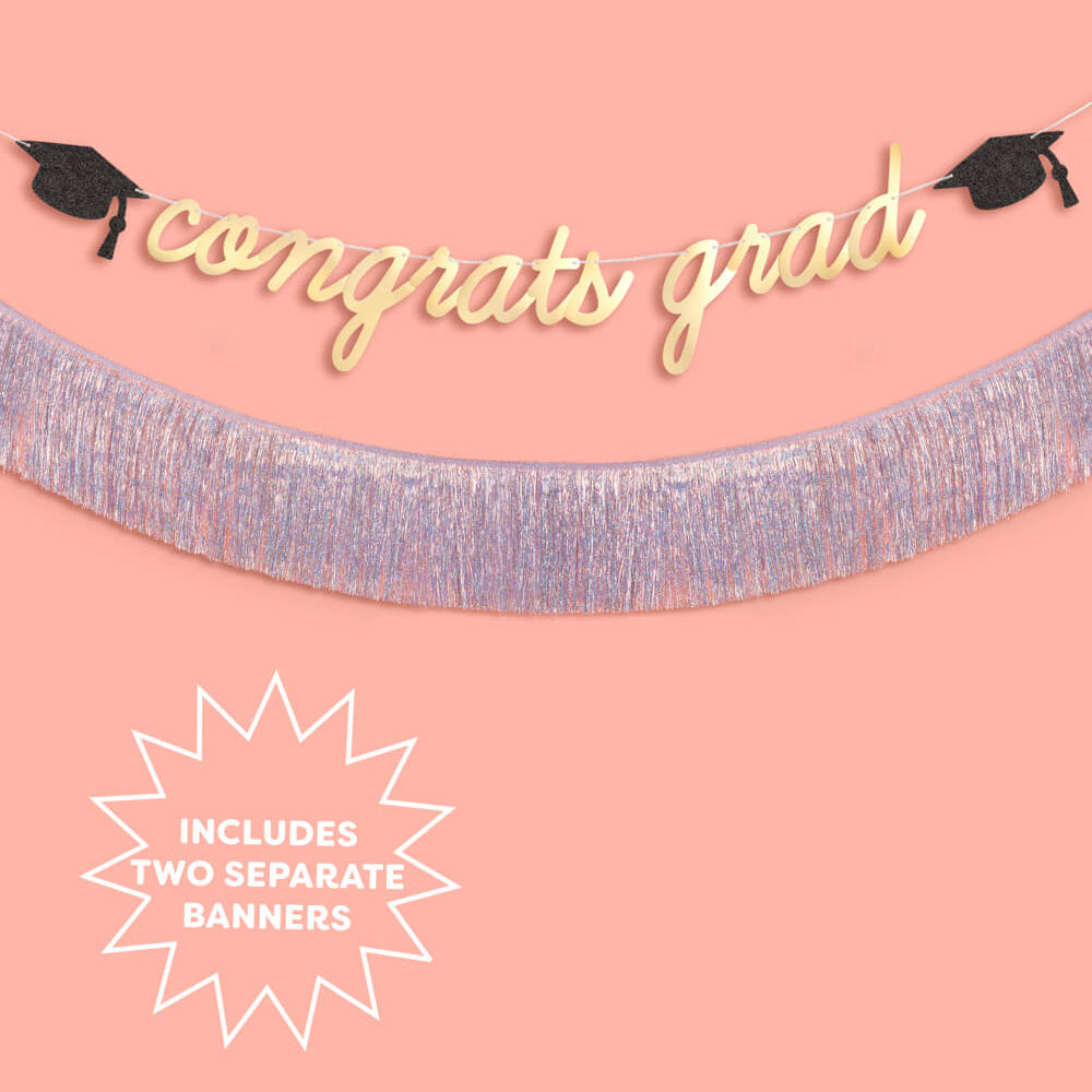 Graduation-themed decorative banner with 'congrats grad' text on a pink background