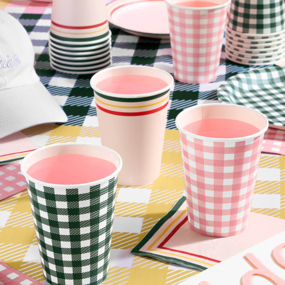 Camp Bride 12 oz gingham and retro stripe paper cups styled for bachelorette party